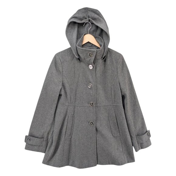 Kenneth Cole Reaction Wool Blend Jacket Womens Grey Zip Off Hood Button Up Sz 10 - Picture 1 of 14